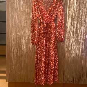 White polka dot vneck ruffle maxi dress